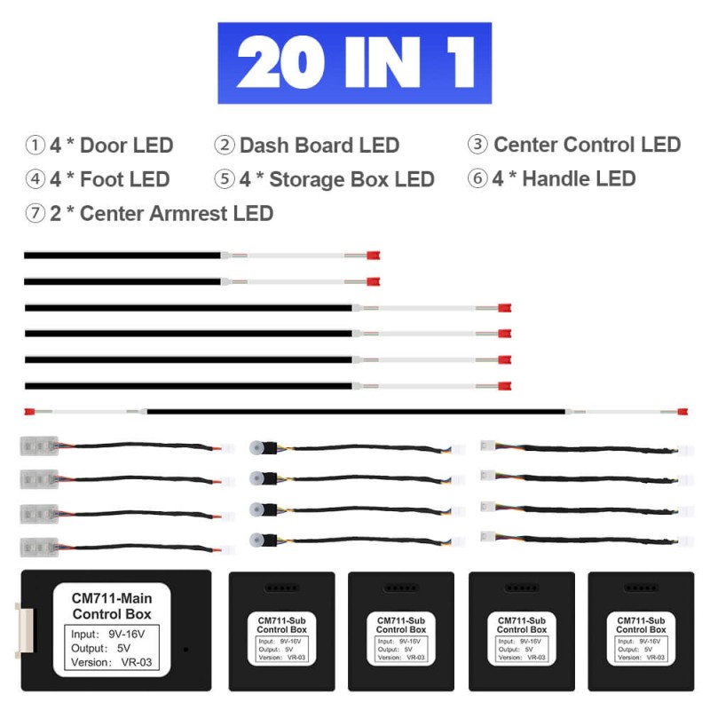 Ambient Car Light 64 RGB Color 20 in 1 Interior Gradient Lights Strip With APP Control Support DIY Atmosphere Car LED Lights