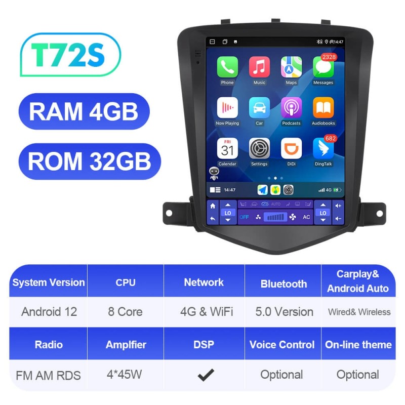 ISUDAR Car Android 12 Tesla Style Radio For Chevrolet Cruze J300 2008-2012 Multimedia Video GPS CarPlay