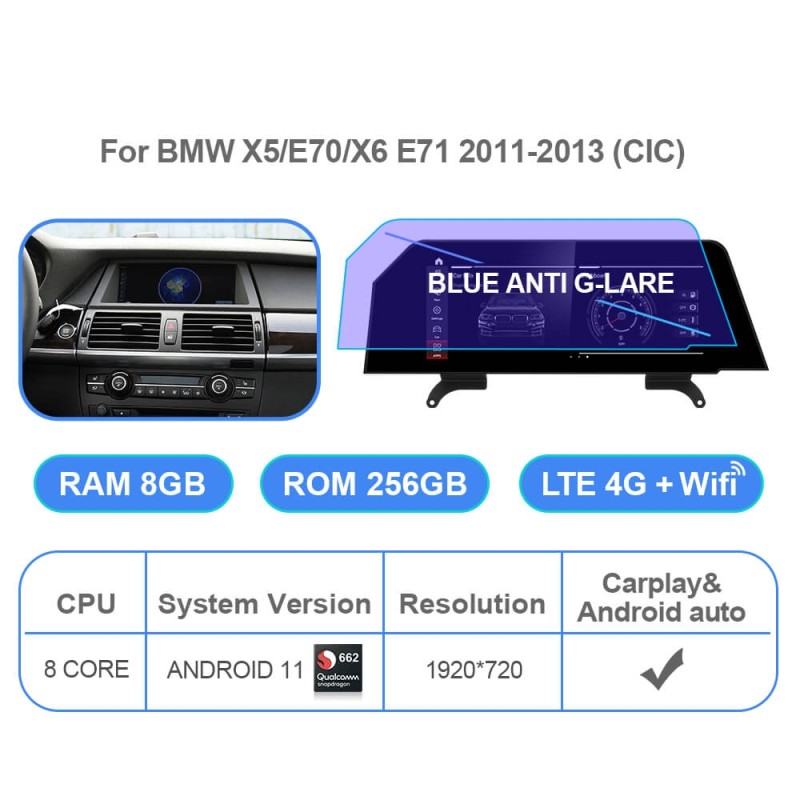 Android 11 Qualcomm Car Radio for BMW X5 E70 X6 E71 2007-2013 CCC CIC Bule Anti G-lare Screen 4G GPS Stereo Player Carplay WiFi