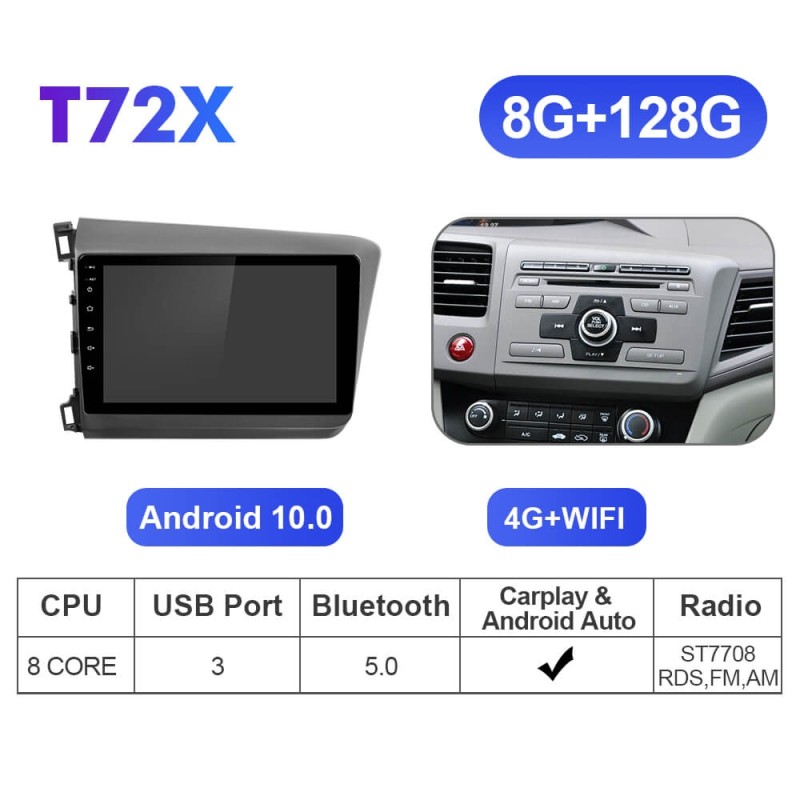 ISUDAR T72 Android 10 Car Radio 9'' For Honda Civic 2012 2013 2014 2015 Wireless Carplay