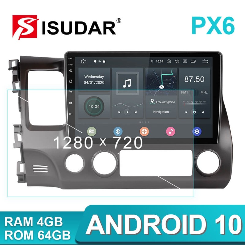Isudar Voice control PX6 Android 10 Auto Radio For Honda Civic 2006 2007 2008-2012