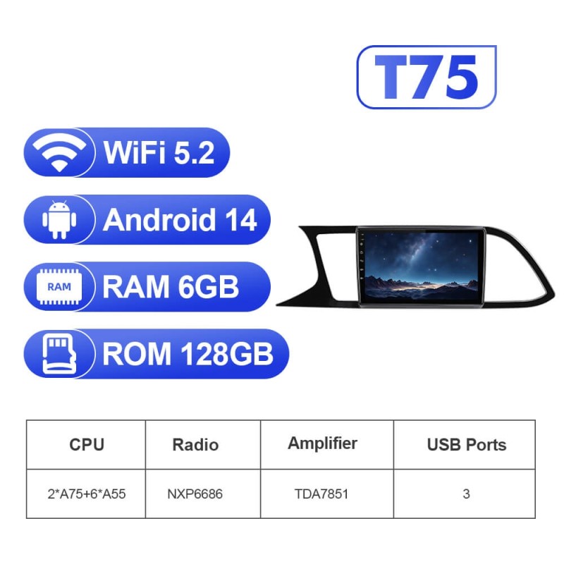 For Seat LEON 2012-2020 T75 Upgrade from T72 Android 14 UIS7865 Car Radio