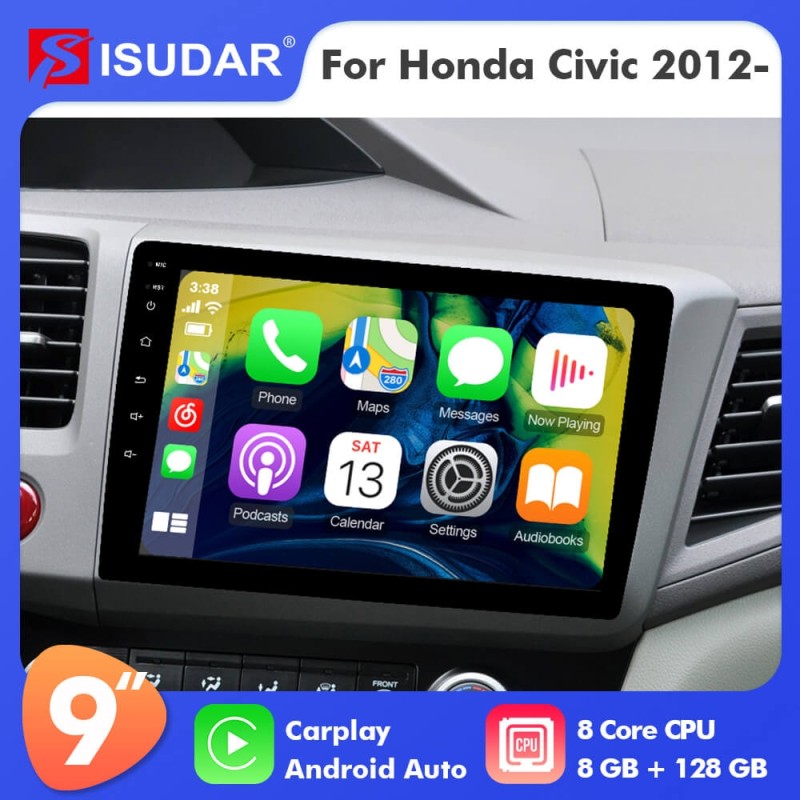 ISUDAR T72 Android 10 Car Radio 9'' For Honda Civic 2012 2013 2014 2015 Wireless Carplay