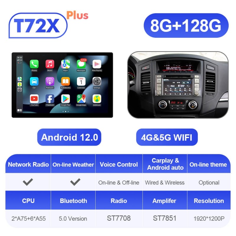 ISUDAR 2K 13.1'' Android 12 Car Multimedia Radio Player For Mitsubishi/Pajero 2006-2014