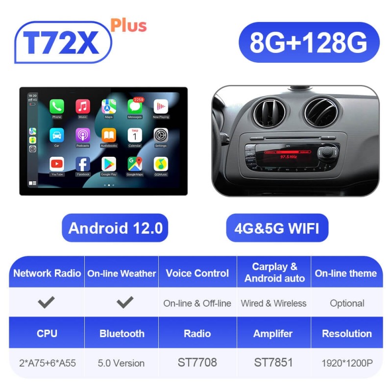 ISUDAR 2K 13.1 Inch Android 12 Car Radio head unit For Seat Ibiza 2009-2015 Kit