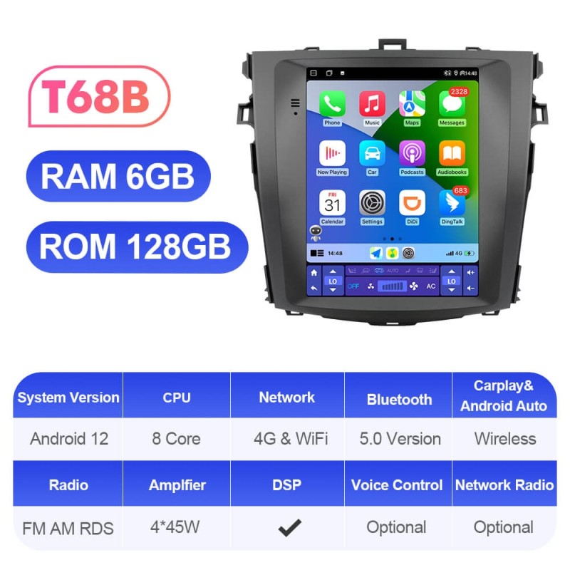 ISUDAR Android 12 Car Radio For Toyota Corolla E140 E150 2006-2013 Multimedia Player 2Din Tesla Vertical GPS Carplay Auto Stereo