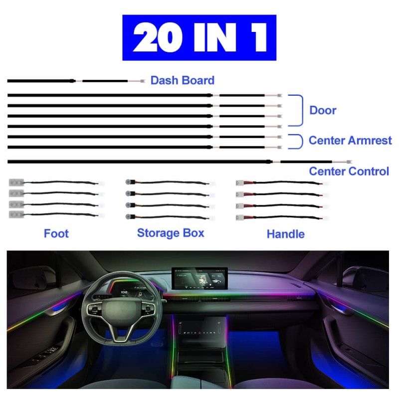 20 in 1  LED Symphony Flowing Colorful Interior Gradient Lamp Atmosphere for Car inside automotive neon fiber optic strip DIY