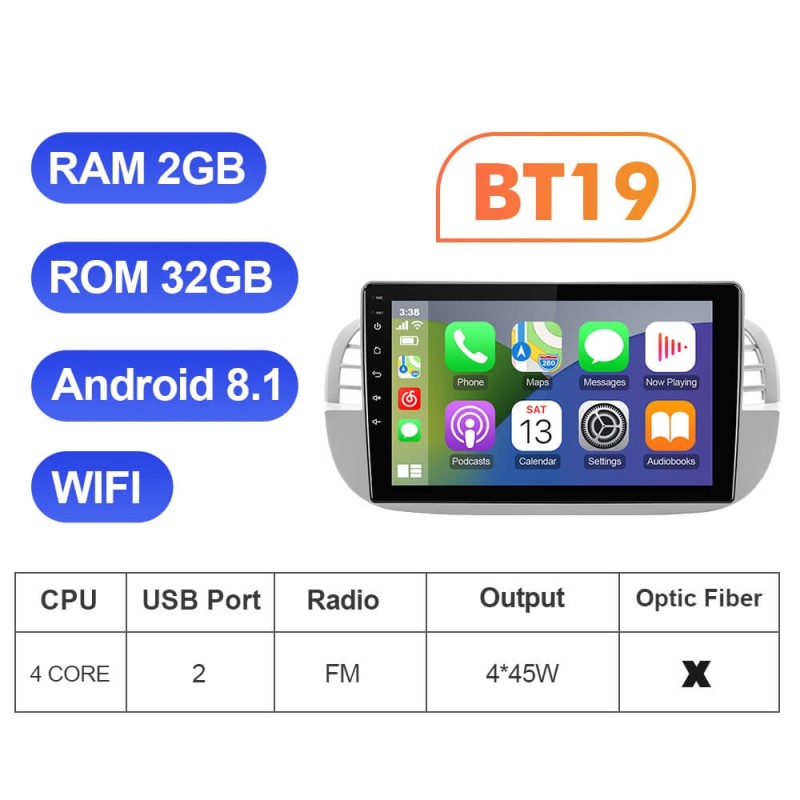 For Fiat 500 2007-2015 9 inch 1280*720P Android Apple Carplay Car Radio Multimedia Navi