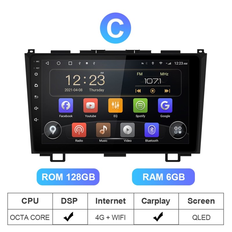 T72 QLED Android 10 Car Radio For Honda/CRV/CR-V 2006 2007-2011 GPS Navigation