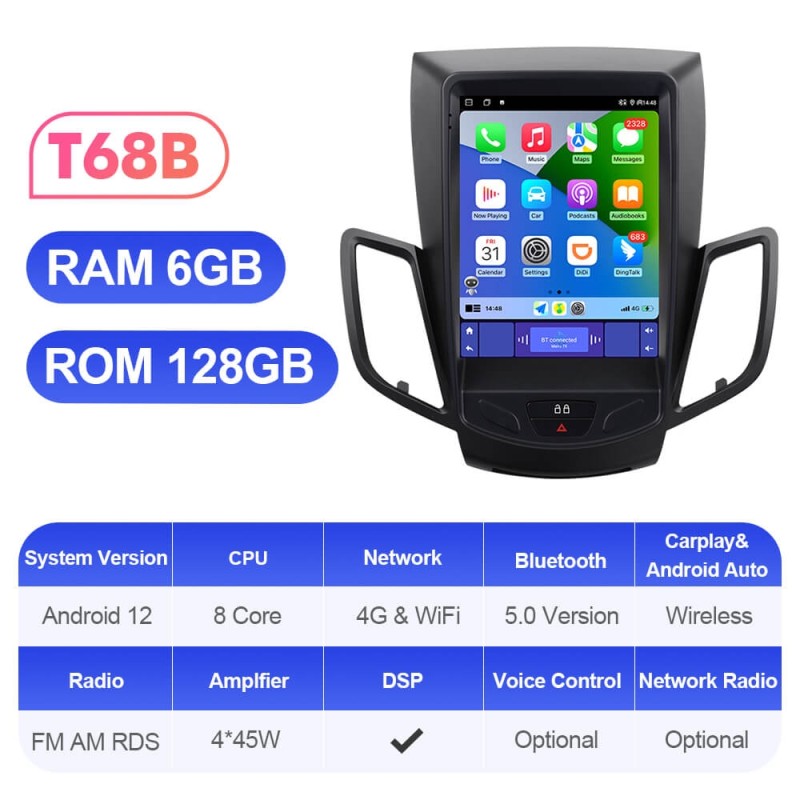 ISUDAR Android 12 Car Radio For Ford Fiesta MK7 2009-2016 Multimedia Player 2 Din Tesla Vertical Screen GPS Carplay Auto Stereo