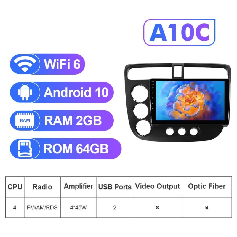NEW! Android 10-Android 13 QLED Android Auto 9” Car Radio For Honda Civic 2001-2005