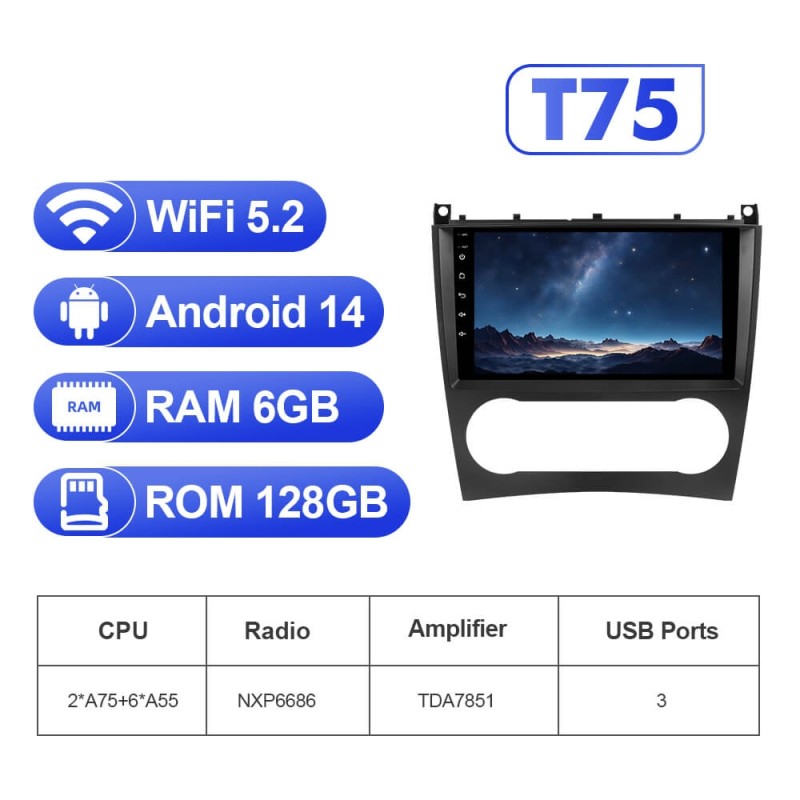 For Mercedes-Benz C Class W203 CLK-CLASS C209 2005-2009 GLS T75 Android 14 UIS7865 Car Radio