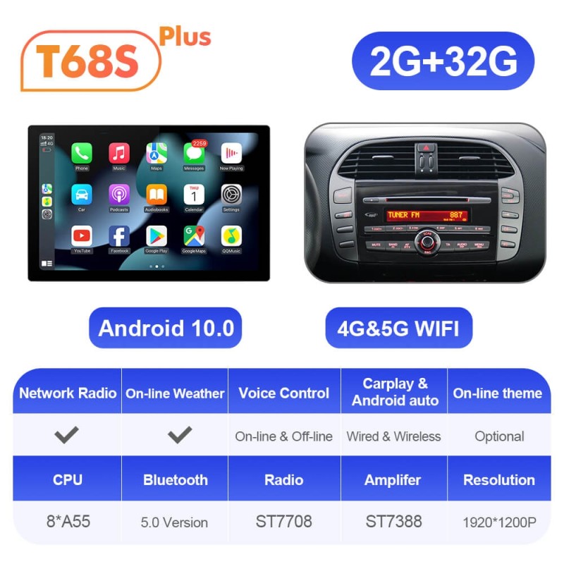 ISUDAR 2K 13.1 Inch Android 12 8 Core Androd Auto Carplay Car Radio For Fiat Bravo 2007-2012
