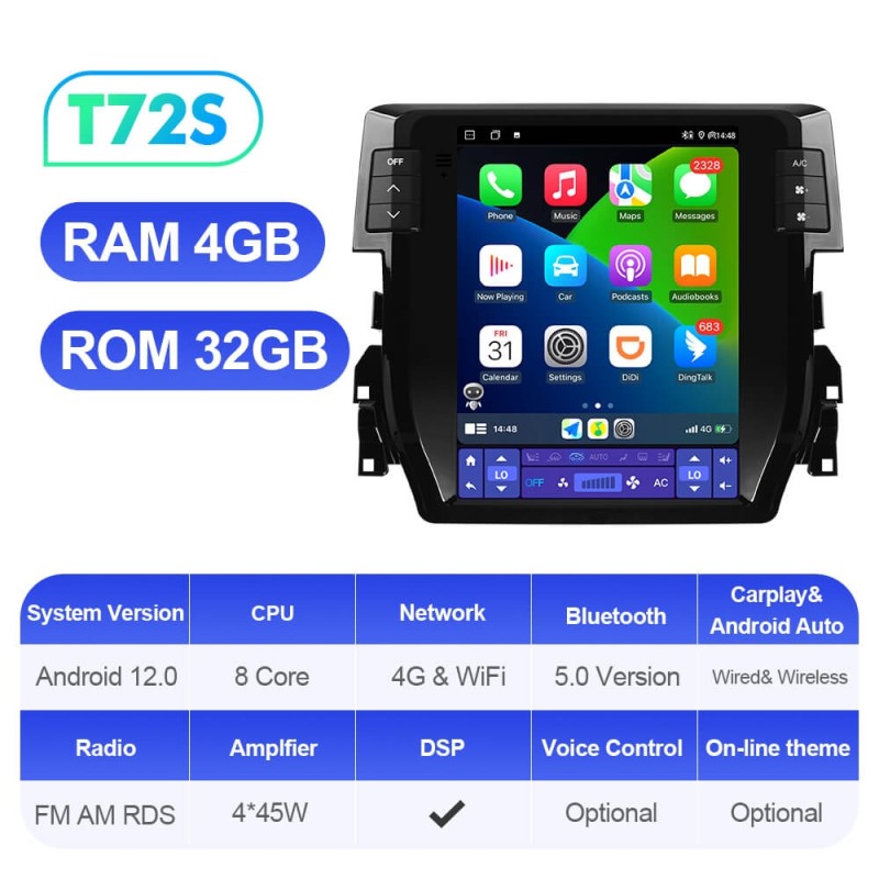 ISUDAR Android 12 Tesla Style Car Radio For Honda Civic 2016-2020 Auto Multimedia