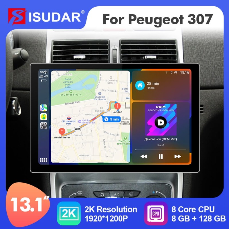 ISUDAR 2K 13.1 Inch 8 Core Android 12 Car Radio For Peugeot 307 SW 307 2002 - 2013 Auto