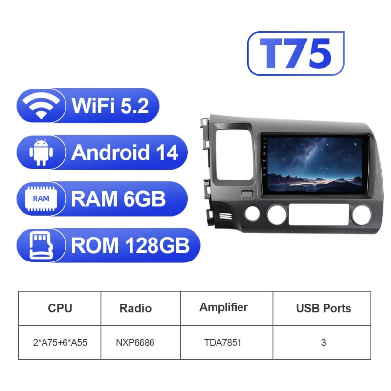 For Honda Civic 2006-2012 Upgrade from T72 - T75 Android 14 UIS7865 Car Radio