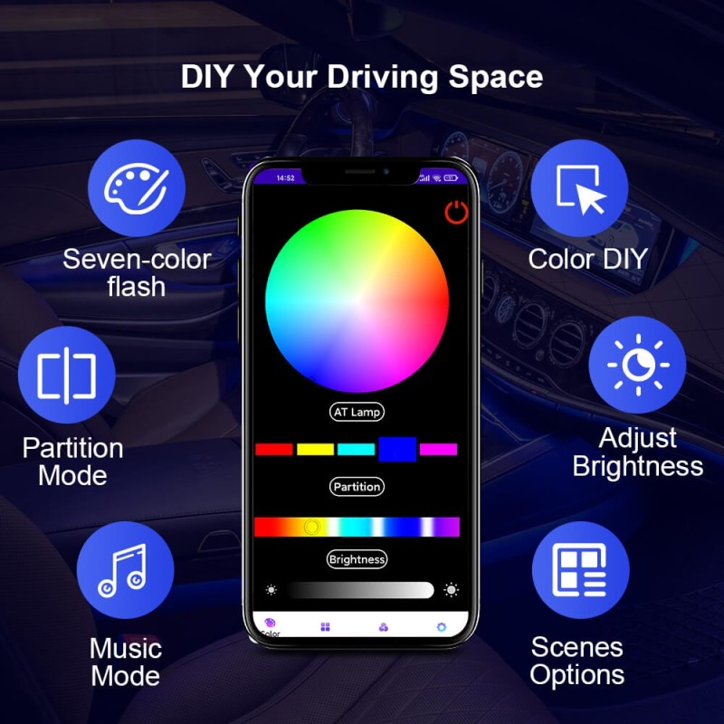 Ambient Car Light 64 RGB Color 20 in 1 Interior Gradient Lights Strip With APP Control Support DIY Atmosphere Car LED Lights