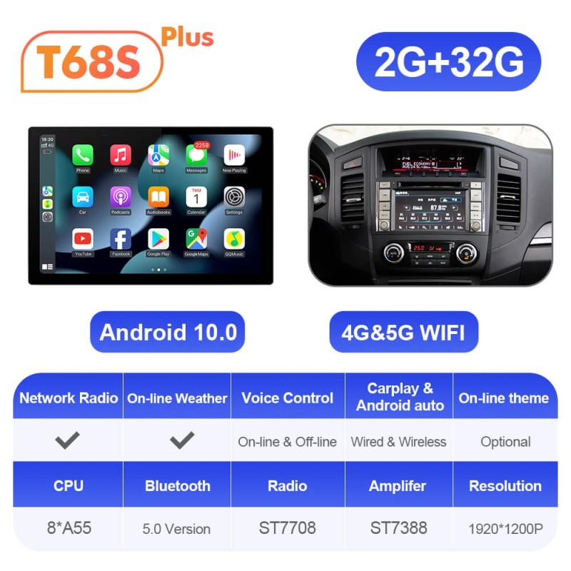 ISUDAR 2K 13.1'' Android 12 Car Multimedia Radio Player For Mitsubishi/Pajero 2006-2014