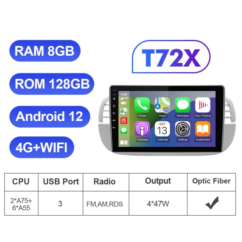 For Fiat 500 2007-2015 9 inch 1280*720P Android Apple Carplay Car Radio Multimedia Navi