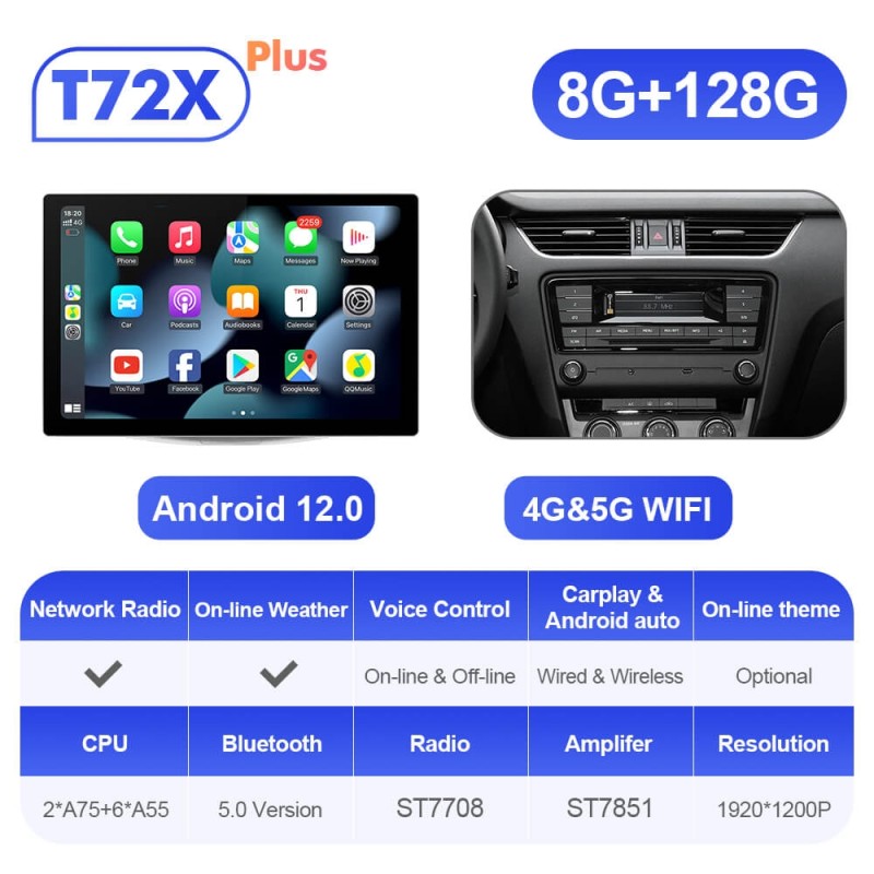 ISUDAR T72 2K 13.1 Inch 8 Core Android 12 Car Radio For Skoda/Octavia 3 A7 2014-2017