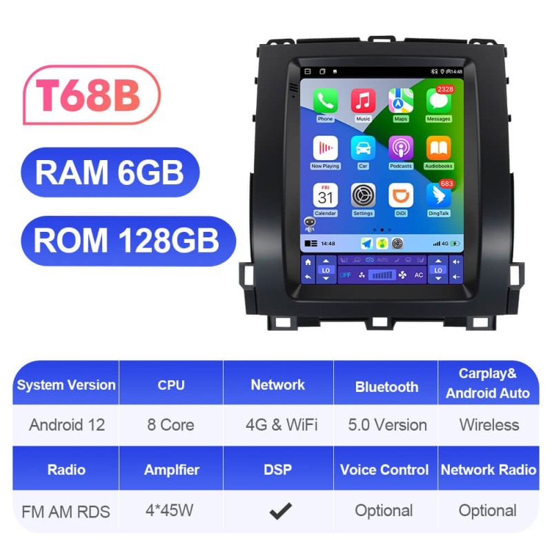 ISUDAR Android 12 Tesla style Car Radio For Toyota Land Cruiser Prado 120 2002-2009 Multimedia Player