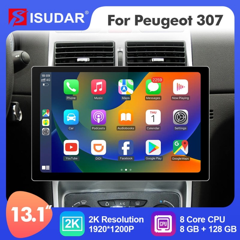 ISUDAR 2K 13.1 Inch 8 Core Android 12 Car Radio For Peugeot 307 SW 307 2002 - 2013 Auto