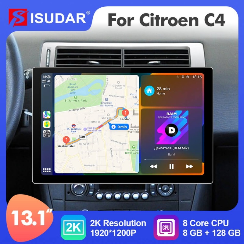 ISUDAR 2K 13.1'' Android 12 Car Multimedia Radio Player Navi For Citroen C4 C-Triomphe C-Quatre 2004-2009