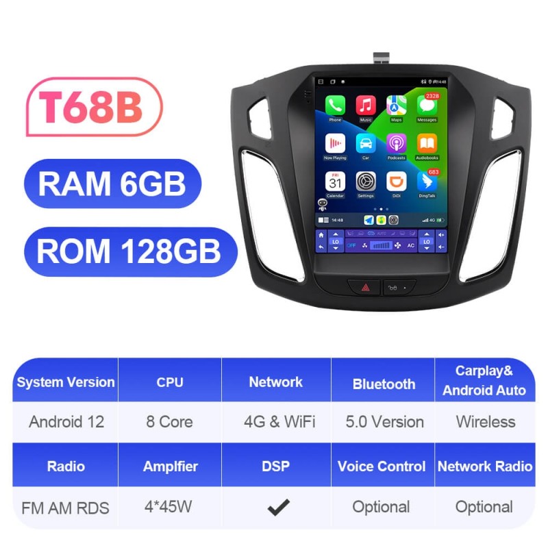 ISUDAR Upgraded Tesla style Android 12 Car Radio For Ford/Focus 2012-2017 Auto GPS