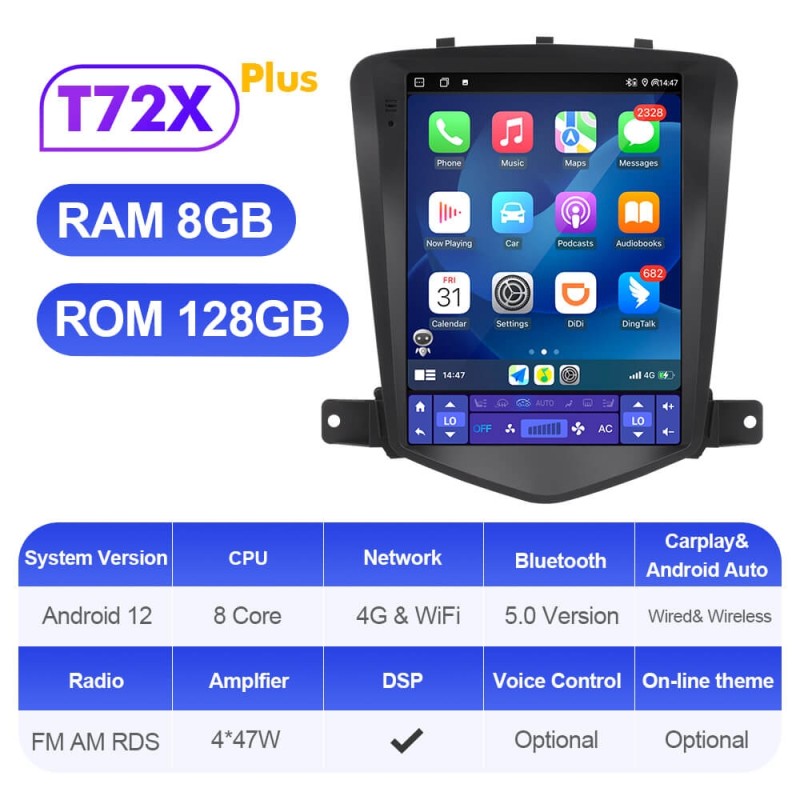 ISUDAR Car Android 12 Tesla Style Radio For Chevrolet Cruze J300 2008-2012 Multimedia Video GPS CarPlay
