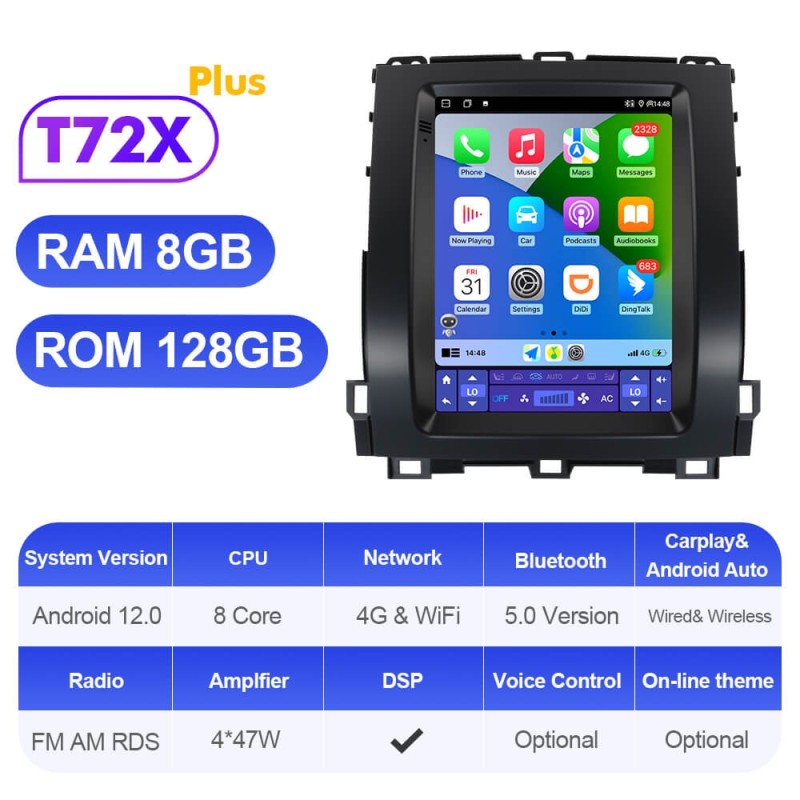 ISUDAR Android 12 Tesla style Car Radio For Toyota Land Cruiser Prado 120 2002-2009 Multimedia Player