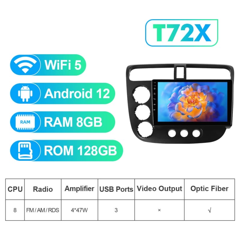 NEW! Android 10-Android 13 QLED Android Auto 9” Car Radio For Honda Civic 2001-2005