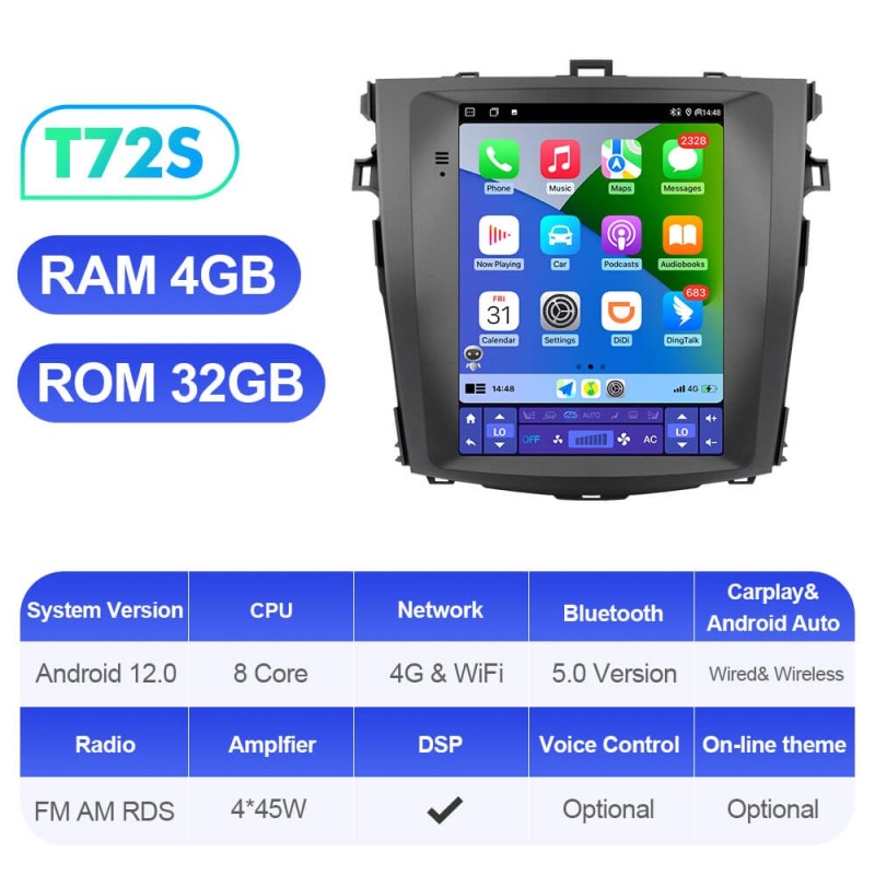 ISUDAR Android 12 Car Radio For Toyota Corolla E140 E150 2006-2013 Multimedia Player 2Din Tesla Vertical GPS Carplay Auto Stereo