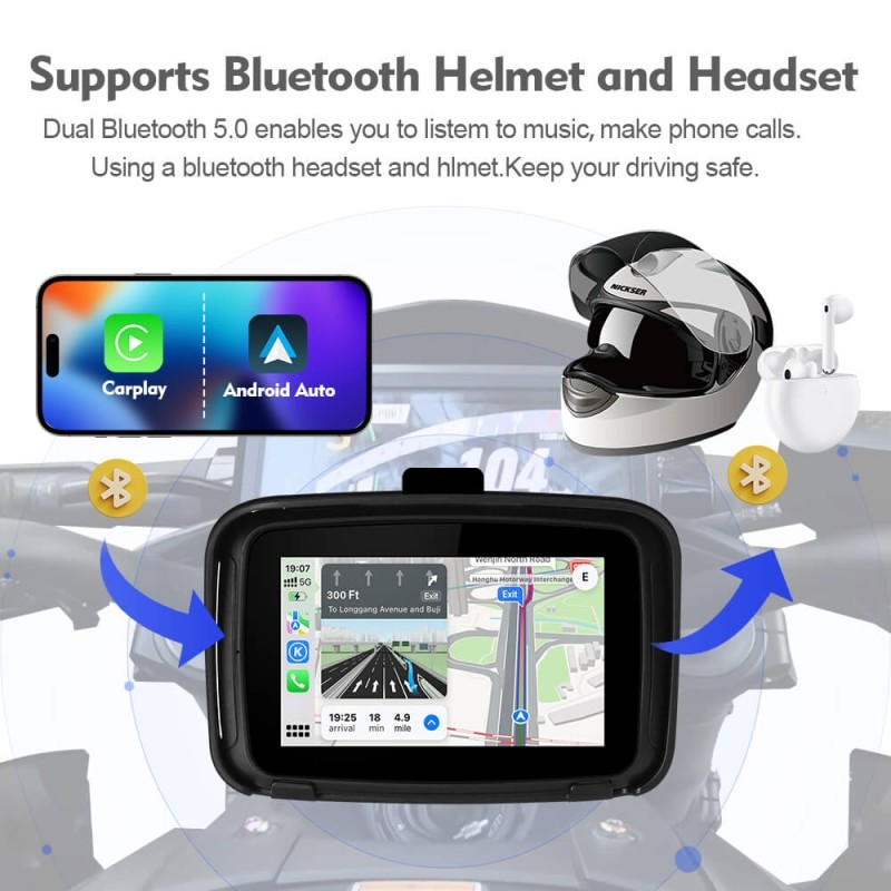 Wireless Apple Portable Carplay Motorcycle Android Auto, 5'' IPS Touch Screen for Motorcycle GPS Navigator Google Assistant