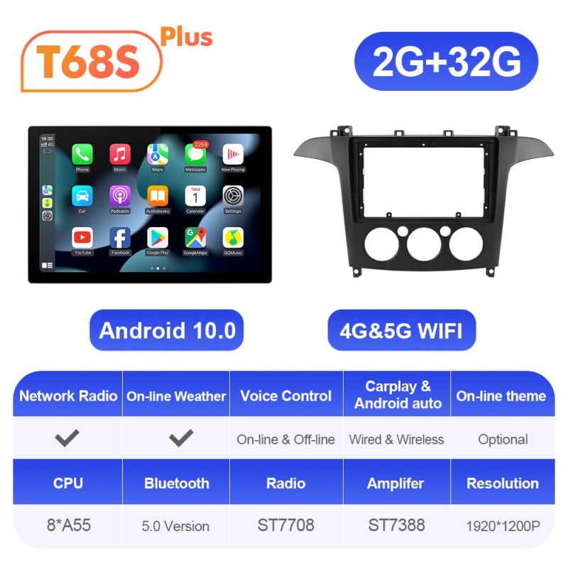 ISUDAR 13.1'' Android 12 T72/T68 Car Multimedia Radio Carplay Player For Ford S-Max S Max 2006-2015