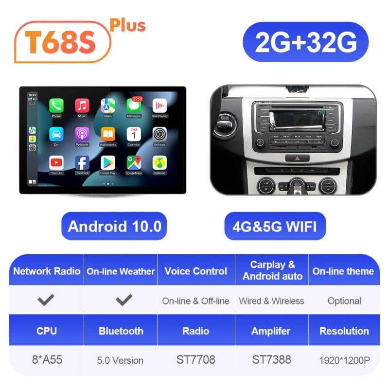 ISUDAR T72 2K 13.1 Inch 1920*1200P Android 12 Car Radio For VW Passat B6 B7