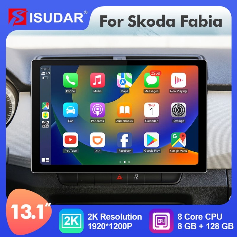 ISUDAR 2K 13.1 Inch 8 Core Android 12 Car Radio For Skoda Fabia 2015 2016 2017 2018 2019