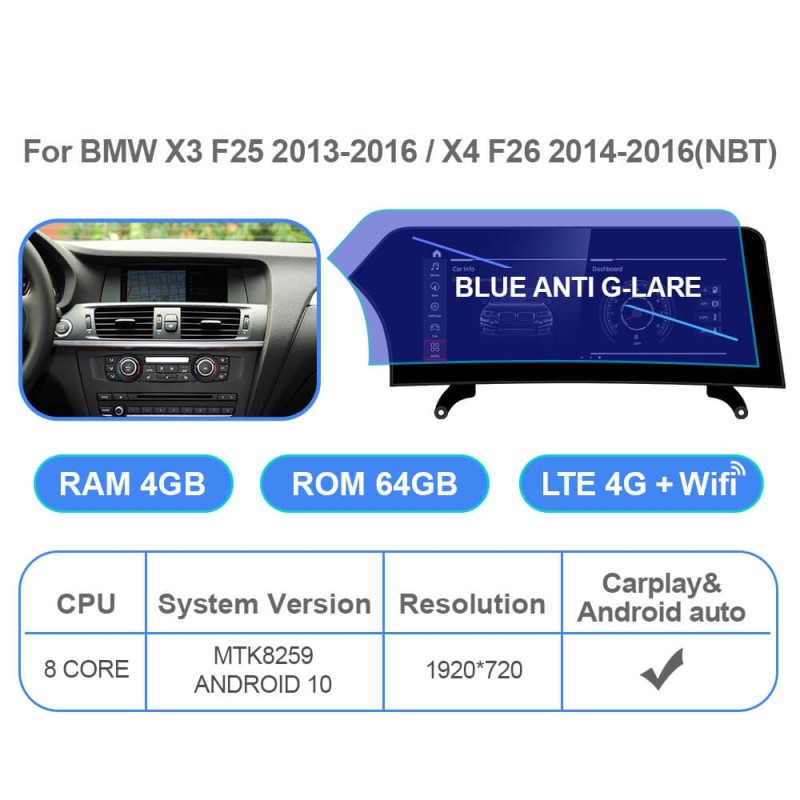 Android 11.0 12.3' Car Radio For BMW X3 F25 CIC NBT X4 F26 NBT System Blue Anti G-lare Screen Multimedia GPS Navigation Carplay