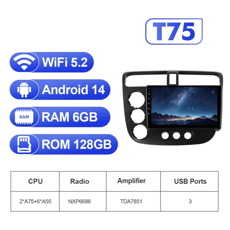 For Honda Civic 2001-2005 Upgrade from T72 - T75 Android 14 UIS7865 Car Radio