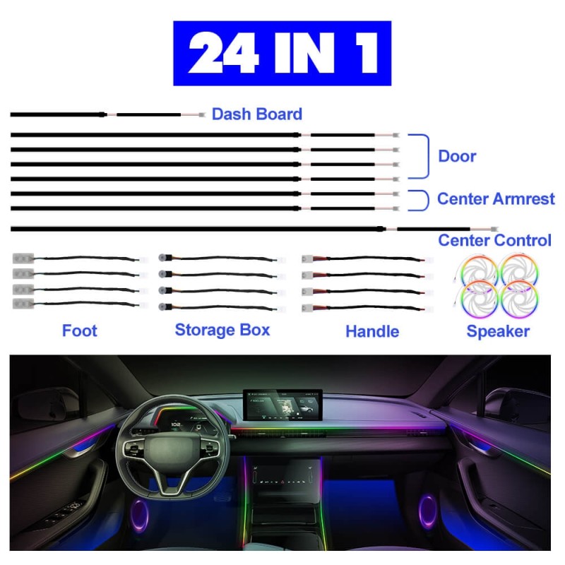 20 in 1  LED Symphony Flowing Colorful Interior Gradient Lamp Atmosphere for Car inside automotive neon fiber optic strip DIY