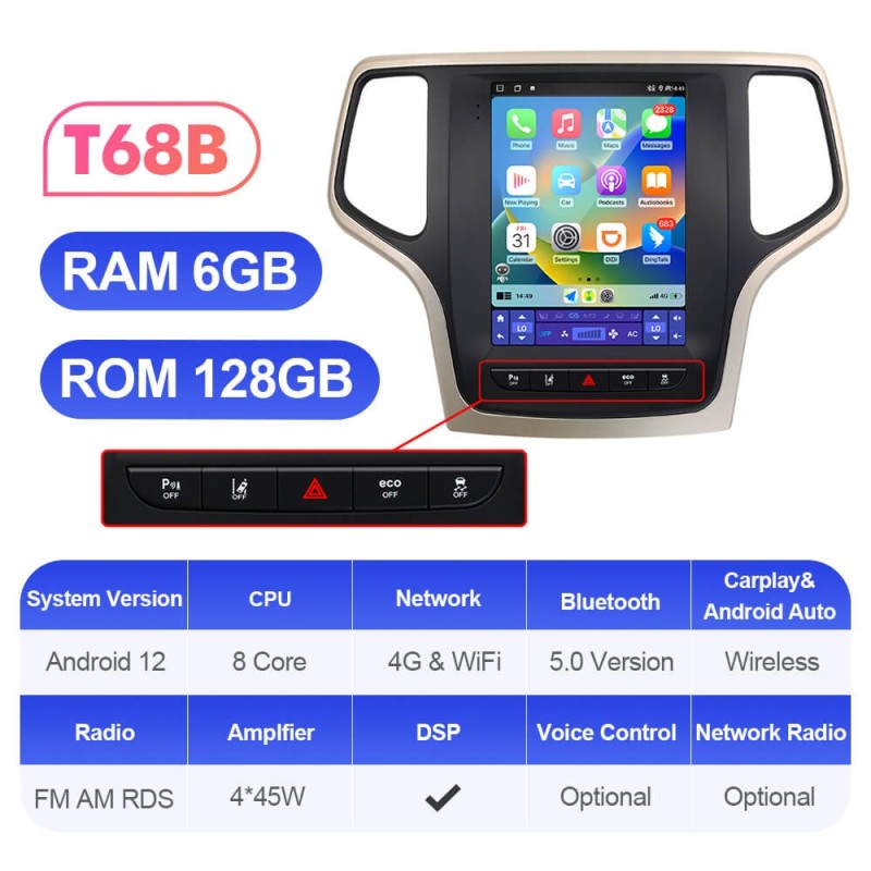 ISUDAR Android 12 Car Radio for Jeep Grand Cherokee 2014-2019 Auto Multimedia Player 2 Din Tesla Vertical