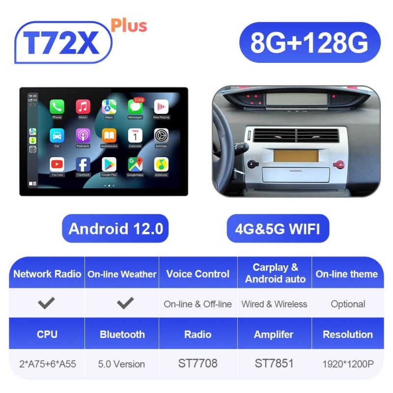 ISUDAR 2K 13.1'' Android 12 Car Multimedia Radio Player Navi For Citroen C4 C-Triomphe C-Quatre 2004-2009