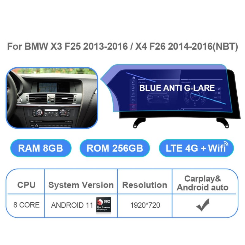Android 11.0 12.3' Car Radio For BMW X3 F25 CIC NBT X4 F26 NBT System Blue Anti G-lare Screen Multimedia GPS Navigation Carplay