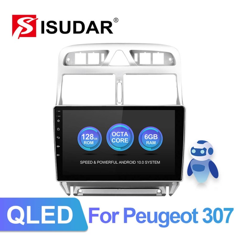 Isudar Voice control QLED Android 10 Car Radio For Peugeot 307 2002-2013