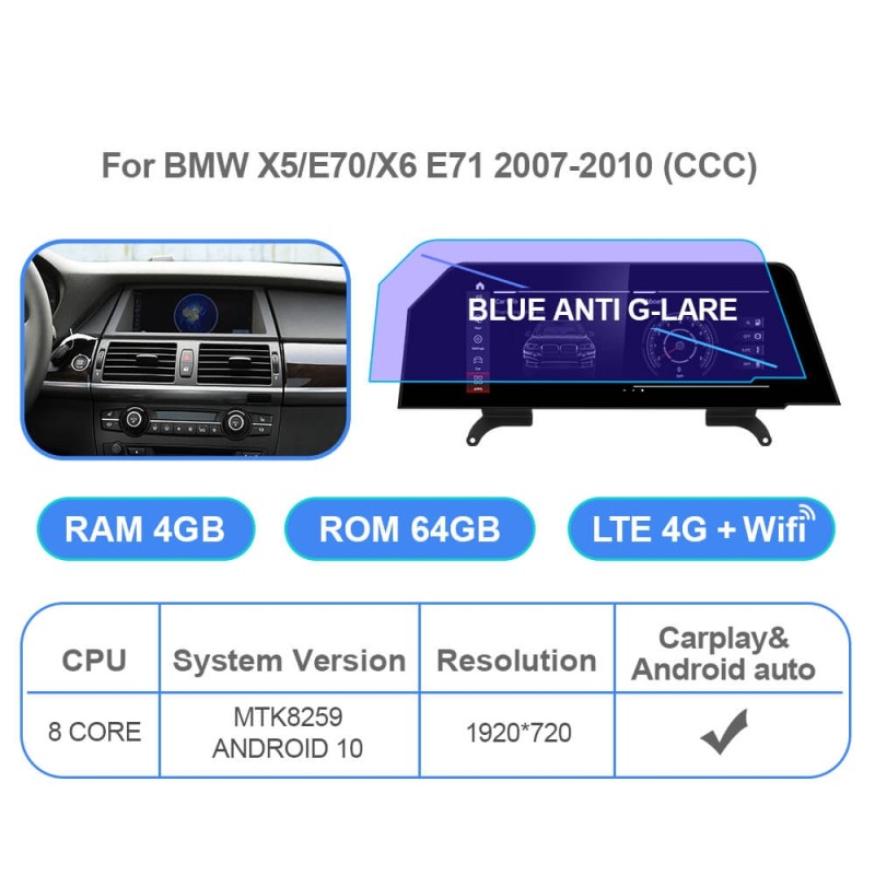 Android 11 Qualcomm Car Radio for BMW X5 E70 X6 E71 2007-2013 CCC CIC Bule Anti G-lare Screen 4G GPS Stereo Player Carplay WiFi