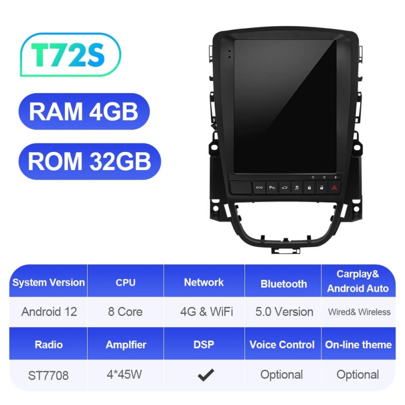 ISUDAR Android 12 Vetical Tesla Style Screen Car Radio For Opel/Vauxhall/Astra J Buick/Verano 2009-2014 GPS Auto Multimedia Video