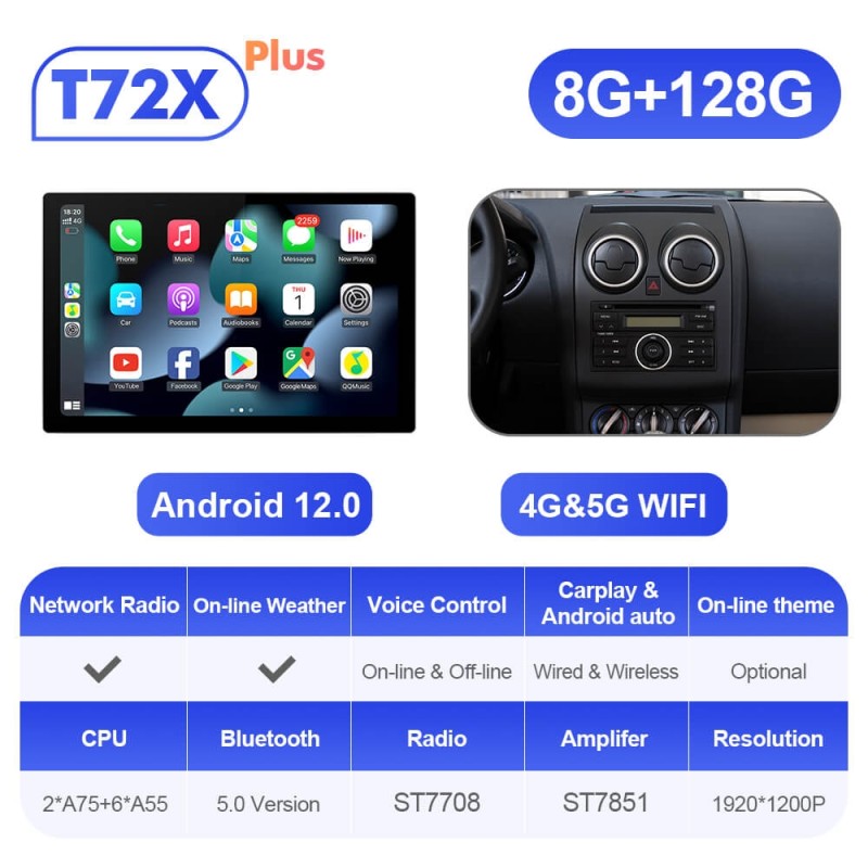 ISUDAR 2K 13.1 Inch Android 12 4G Sim Card Car Radio For Nissan Qashqai J10 2006-2013