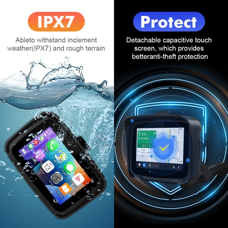 Wireless Apple Portable Carplay Motorcycle Android Auto, 5'' IPS Touch Screen for Motorcycle GPS Navigator Google Assistant