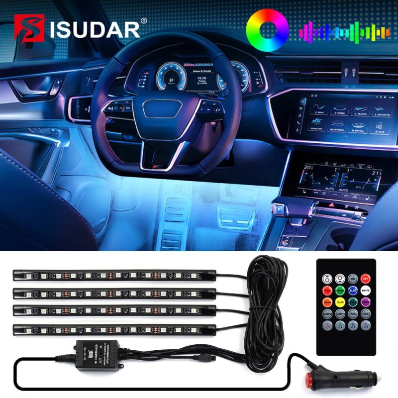 Car Interior Led Ambient Ambient Foot Light with USB Wireless Remote Music Control RGB Neno Light Atmosphere Decorative Lamps