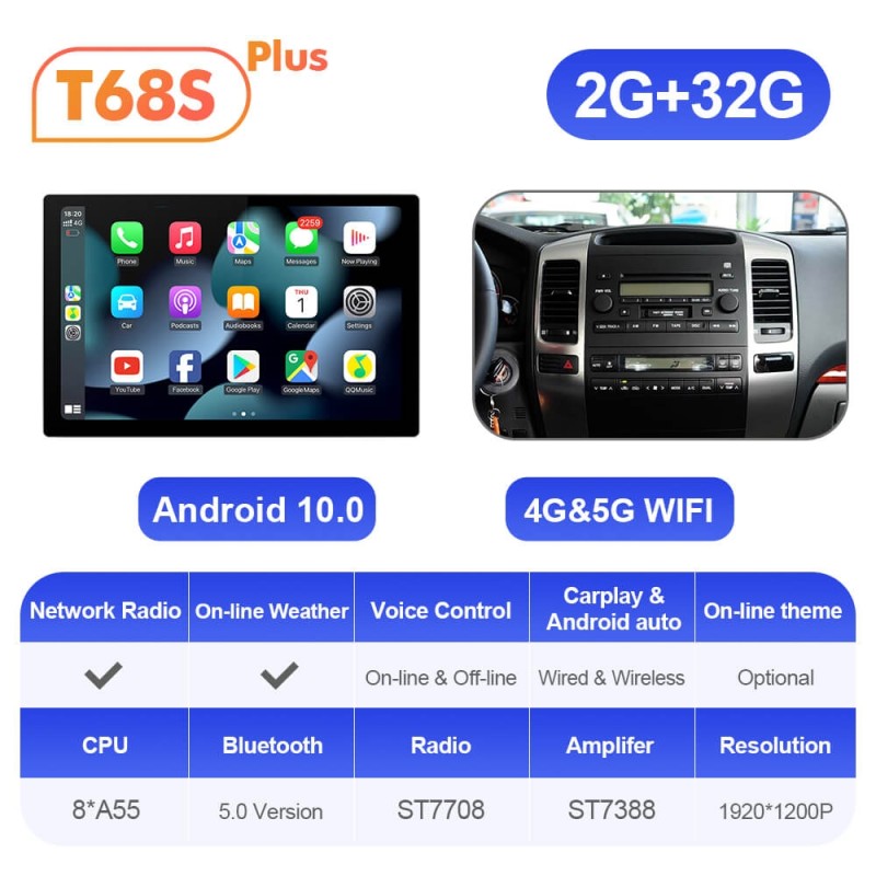 ISUDAR 2K 13.1'' Carplay Android 12 Car Multimedia Radio Player For Toyota Land Cruiser Prado 120 2002-2009