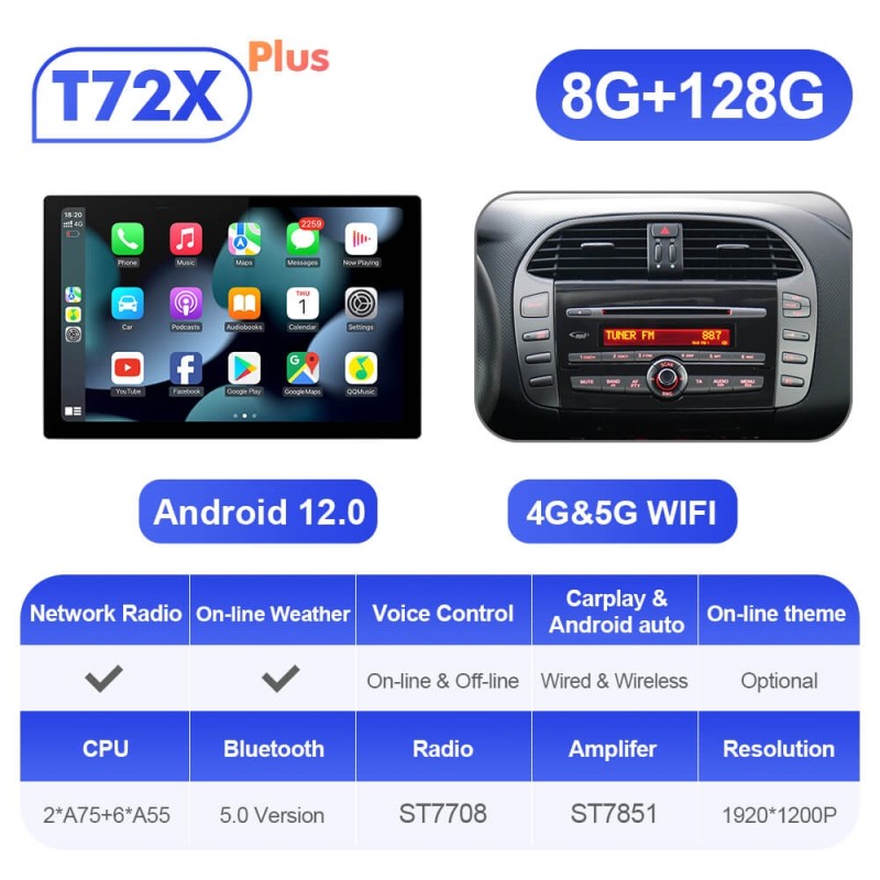 ISUDAR 2K 13.1 Inch Android 12 8 Core Androd Auto Carplay Car Radio For Fiat Bravo 2007-2012